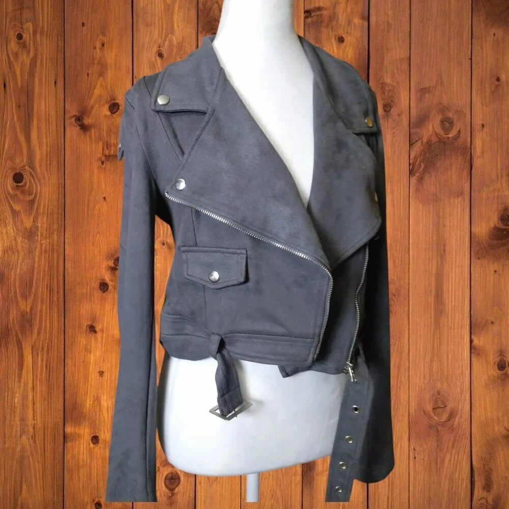 Signature 8 Women's Medium Gray Faux Suede Moto Biker Jacket READ - Picture 6 of 9
